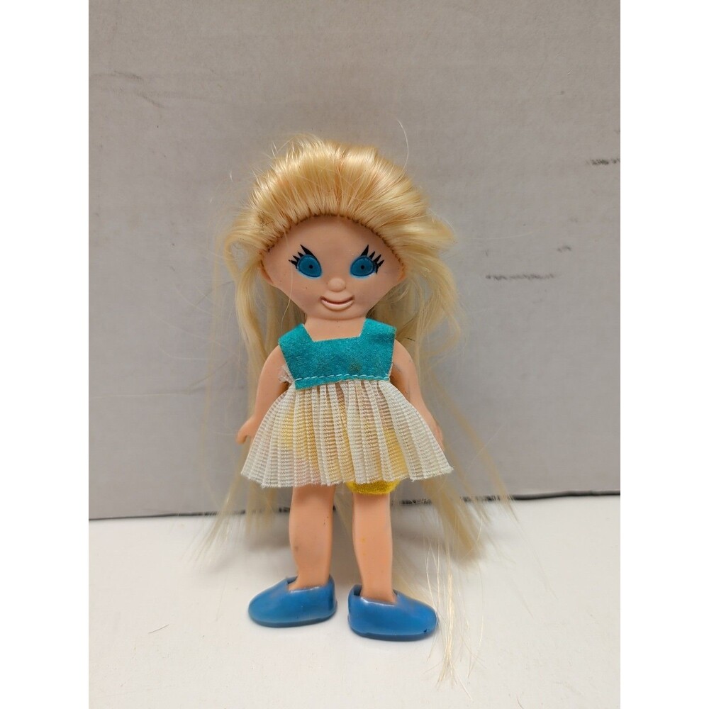 Vintage Ideal Flatsy Doll Blonde Hair Teal Top White Skirt 1960s 4.5" Hong Kong